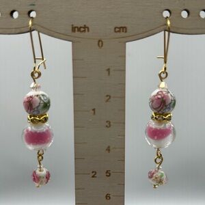 Wedding Cake, Art Glass & Painted Floral Beaded Dangle Earrings